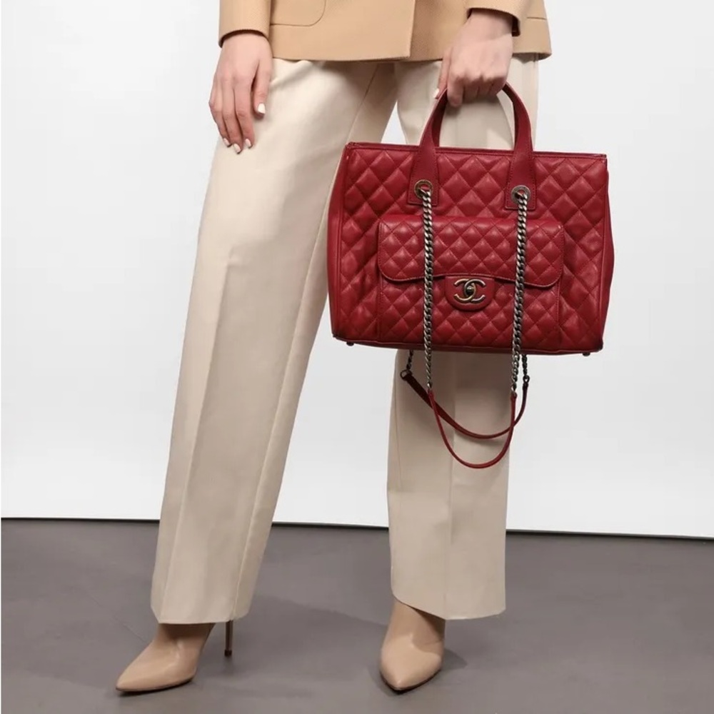 ❤️‍🔥Chanel CC Front Flap Pocket Large Shopping Tote Red Caviar